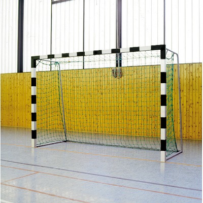 Sport-Thieme Hallenhandballtor 3x2 m, in Bodenhülsen stehend mit anklappbaren Netzbügeln, Schwarz-Silber, Verschraubte Eckverbindungen