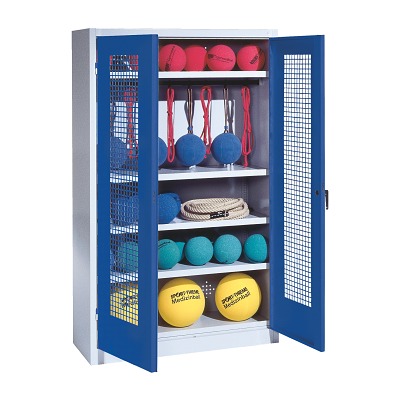 C+P Sportgeräteschrank mit Lochblech-Flügeltüren (Typ 2), HxBxT 195x120x50 cm, Enzianblau (RAL 5010), Einzelschließung