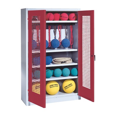 C+P Sportgeräteschrank mit Lochblech-Flügeltüren (Typ 2), HxBxT 195x120x50 cm, Rubinrot (RAL 3003), Einzelschließung