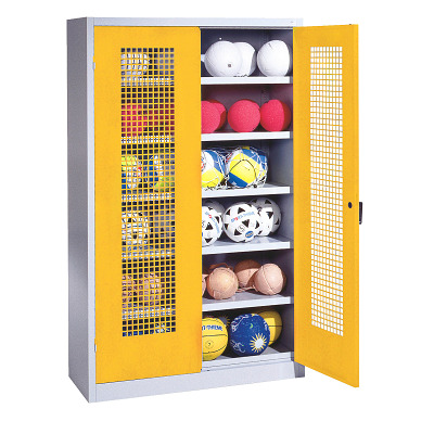 C+P Ballschrank mit Lochblech-Flügeltüren (Typ 3), HxBxT 195x120x50 cm, Verkehrsgelb (RAL 1023), Einzelschließung