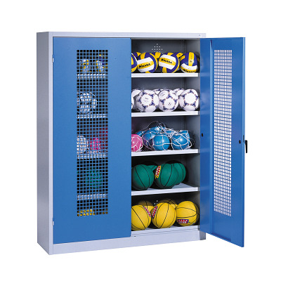 C+P Ballschrank mit Lochblech-Flügeltüren (Typ 3), HxBxT 195x150x50 cm, Enzianblau (RAL 5010), Einzelschließung