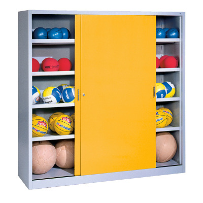 C+P Ballschrank mit Vollblech-Schiebetüren (Typ 4), HxBxT 195x190x60 cm, Verkehrsgelb (RAL 1023), Einzelschließung