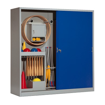 C+P Sportgeräteschrank mit Vollblech-Schiebetüren (Typ 5), HxBxT 195x190x60 cm, Enzianblau (RAL 5010), Einzelschließung