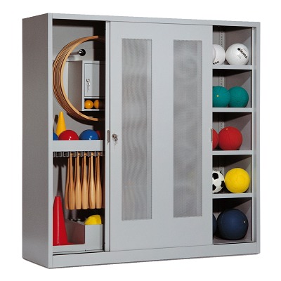 C+P Sportgeräteschrank mit Lochblech-Schiebetüren (Typ 5), HxBxT 195x190x60 cm, Lichtgrau (RAL 7035), Einzelschließung