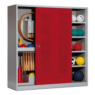 C+P Sportgeräteschrank mit Lochblech-Schiebetüren (Typ 5), HxBxT 195x190x60 cm, Rubinrot (RAL 3003), Einzelschließung