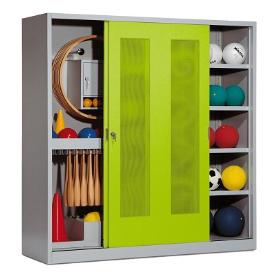 C+P Sportgeräteschrank mit Lochblech-Schiebetüren (Typ 5), HxBxT 195x190x60 cm, Clowngrün (RAL 110 80 60), Einzelschließung