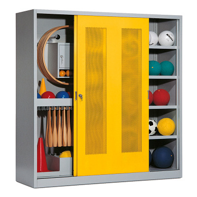 C+P Sportgeräteschrank mit Lochblech-Schiebetüren (Typ 5), HxBxT 195x190x60 cm, Verkehrsgelb (RAL 1023), Einzelschließung