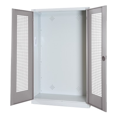 Thumbnail - C+P Modul-Sportgeräteschrank mit Lochblech-Flügeltüren, HxBxT 195x120x50 cm, Lichtgrau (RAL 7035), Ergo-Lock Muldengriff...