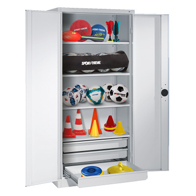 Thumbnail - C+P Sportgeräteschrank mit Schubladen und Vollblech-Flügeltüren (Typ 4), HxBxT 195x120x50 cm, Lichtgrau (RAL 7035), Ergo...