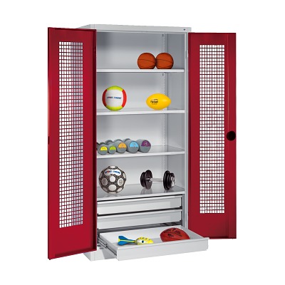 C+P Sportgeräteschrank mit Schubladen und Lochblech-Flügeltüren (Typ 4),  HxBxT 195x120x50 cm, Rubinrot (RAL 3003), Einzelschließung