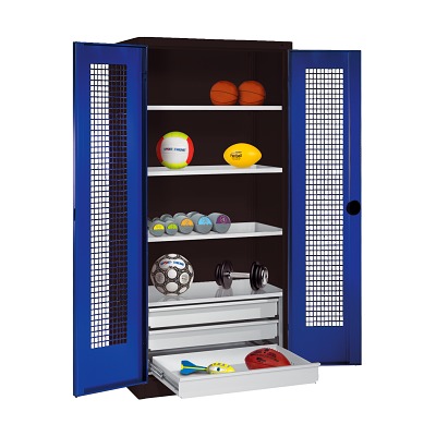C+P Sportgeräteschrank mit Schubladen (HxBxT: 195x120x50 cm, mit Lochblech-Flügeltüren, Typ 4), Klinkengriff, Einzelschließung