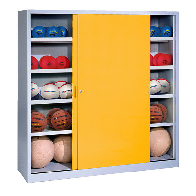 C+P Ballschrank mit Vollblech-Schiebetüren (Typ 4), HxBxT 195x120x50 cm, Verkehrsgelb (RAL 1023), Einzelschließung