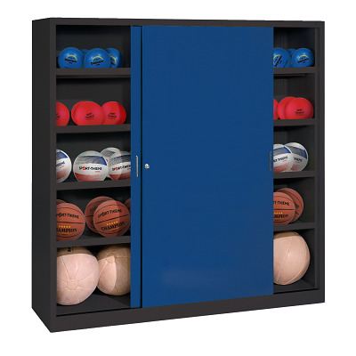 C+P Ballschrank mit Vollblech-Schiebetüren (Typ 4), HxBxT 195x120x50 cm, Enzianblau (RAL 5010), Anthrazit (RAL 7021), Einzelschließung