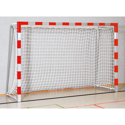 Sport-Thieme Handballtor in Bodenhülsen stehend mit anklappbaren Netzbügeln, 3x2 m, Rot-Silber, Verschweißte Eckverbindungen