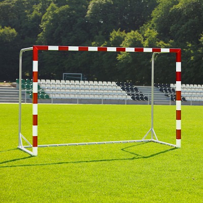 Hallenhandballtor mit beklebtem Torrahmen, Rot-Weiß, Mit anklappbaren Netzbügeln