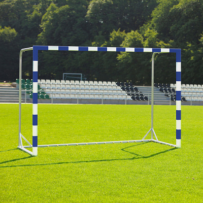 Hallenhandballtor mit beklebtem Torrahmen, Blau-Weiß, Mit anklappbaren Netzbügeln