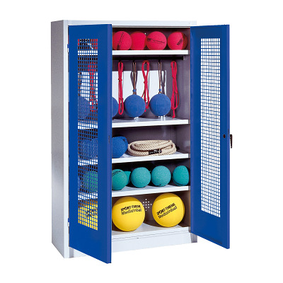 C+P Sportgeräteschrank mit Lochblech-Flügeltüren (Typ 2), HxBxT 195x120x50 cm, Enzianblau (RAL 5010), Gleichschließung