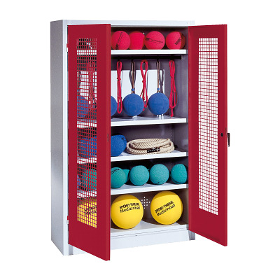 C+P Sportgeräteschrank mit Lochblech-Flügeltüren (Typ 2), HxBxT 195x120x50 cm, Rubinrot (RAL 3003), Gleichschließung