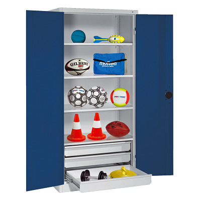 C+P Sportgeräteschrank mit Schubladen und Vollblech-Flügeltüren (Typ 4), HxBxT 195x120x50 cm, Enzianblau (RAL 5010), Gleichschließung