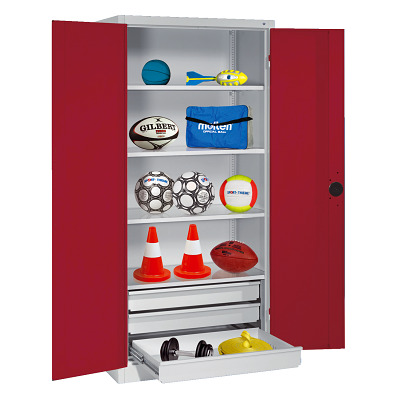 C+P Sportgeräteschrank mit Schubladen und Vollblech-Flügeltüren (Typ 4), HxBxT 195x120x50 cm, Rubinrot (RAL 3003), Gleichschließung