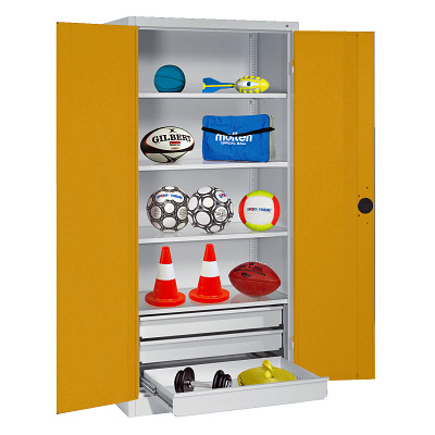 C+P Sportgeräteschrank mit Schubladen und Vollblech-Flügeltüren (Typ 4), HxBxT 195x120x50 cm, Goldgelb (RAL 1004), Gleichschließung