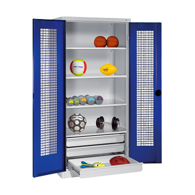 C+P Sportgeräteschrank mit Schubladen und Lochblech-Flügeltüren (Typ 4),  HxBxT 195x120x50 cm, Enzianblau (RAL 5010), Gleichschließung