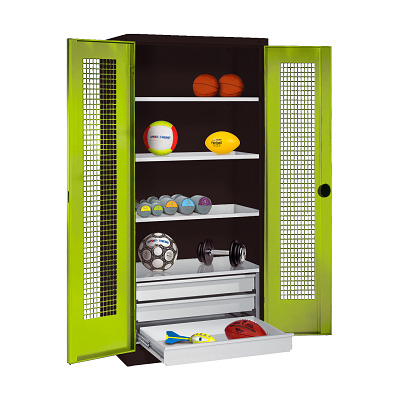 C+P Sportgeräteschrank mit Schubladen (HxBxT: 195x120x50 cm, mit Lochblech-Flügeltüren, Typ 4), Ergo-Lock Muldengriff, Gleichschließung