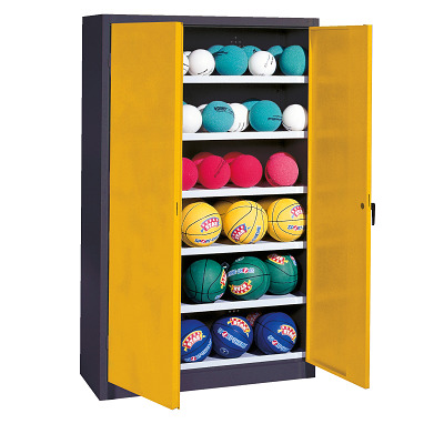 C+P Ballschrank mit Vollblech-Flügeltüren (Typ 3), HxBxT 195x120x40 cm, Verkehrsgelb (RAL 1023), Anthrazit (RAL 7021), Gleichschließung