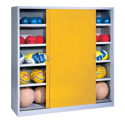 C+P Ballschrank mit Vollblech-Schiebetüren (Typ 4), HxBxT 195x120x50 cm, Verkehrsgelb (RAL 1023), Gleichschließung
