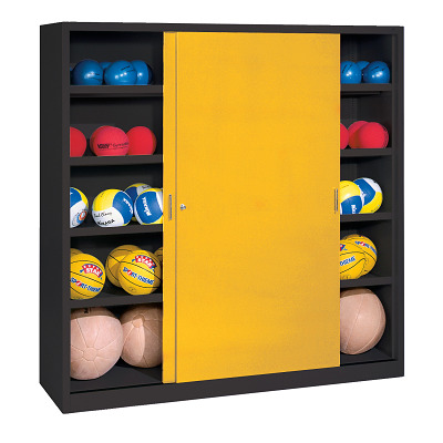 C+P Ballschrank mit Vollblech-Schiebetüren (Typ 4), HxBxT 195x120x50 cm, Verkehrsgelb (RAL 1023), Anthrazit (RAL 7021), Gleichschließung