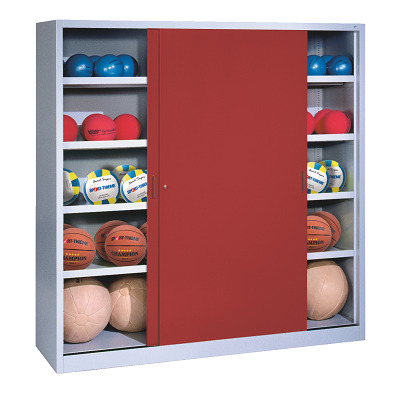 C+P Ballschrank mit Vollblech-Schiebetüren (Typ 4), HxBxT 195x160x50 cm, Rubinrot (RAL 3003), Lichtgrau (RAL 7035), Gleichschließung