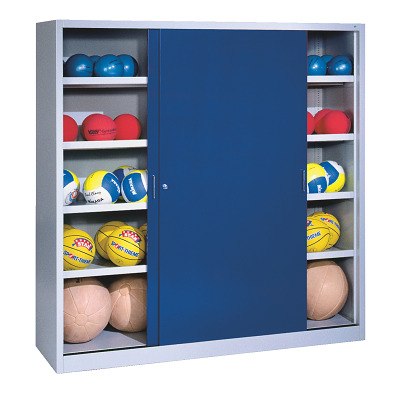 C+P Ballschrank mit Vollblech-Schiebetüren (Typ 4), HxBxT 195x190x60 cm, Enzianblau (RAL 5010), Gleichschließung