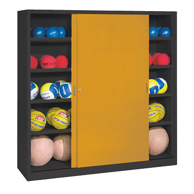 C+P Ballschrank mit Vollblech-Schiebetüren (Typ 4), HxBxT 195x190x60 cm, Goldgelb (RAL 1004), Anthrazit (RAL 7021), Gleichschließung