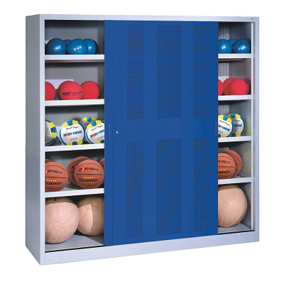 C+P Ballschrank mit Lochblech-Schiebetüren (Typ 4), HxBxT 195x190x60 cm, Enzianblau (RAL 5010), Gleichschließung