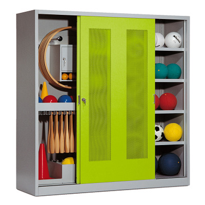 C+P Sportgeräteschrank mit Lochblech-Schiebetüren (Typ 5), HxBxT 195x190x60 cm, Clowngrün (RAL 110 80 60), Gleichschließung