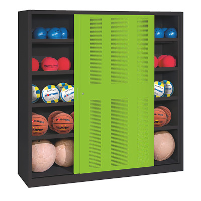 Thumbnail - C+P Ballschrank mit Lochblech-Schiebetüren (Typ 4), HxBxT: 195x120x40 cm, Goldgelb (RAL 1004), Lichtgrau (RAL 7035), Gle...