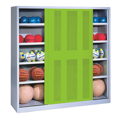 Thumbnail - C+P Ballschrank mit Lochblech-Schiebetüren (Typ 4), HxBxT: 195x120x60 cm, Goldgelb (RAL 1004), Gleichschließung