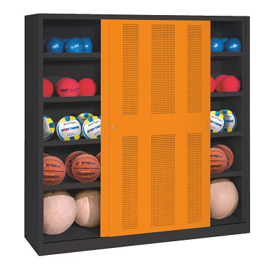 Thumbnail - C+P Ballschrank mit Lochblech-Schiebetüren (Typ 4), HxBxT: 195x120x60 cm, Goldgelb (RAL 1004), Gleichschließung