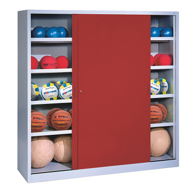 C+P Ballschrank mit Vollblech-Schiebetüren (Typ 4), HxBxT: 195x160x40 cm, Rubinrot (RAL 3003), Lichtgrau (RAL 7035), Gleichschließung