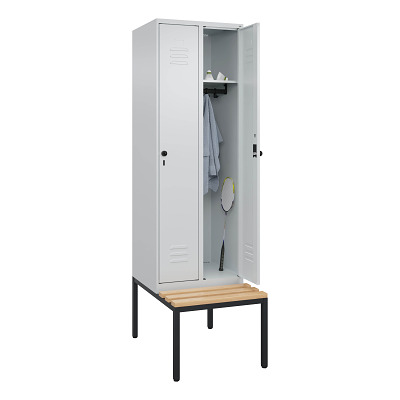 Thumbnail - C+P Garderobenschrank "Classic Plus", Abteilbreite 30 cm, mit Sitzbank, Lichtgrau (RAL 7035), 212x60x50 cm/ 2 Fächer