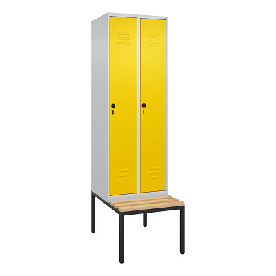 Thumbnail - C+P Garderobenschrank "Classic Plus", Abteilbreite 30 cm, mit Sitzbank, Verkehrsgelb (RAL 1023), 212x60x50 cm/ 2 Fächer