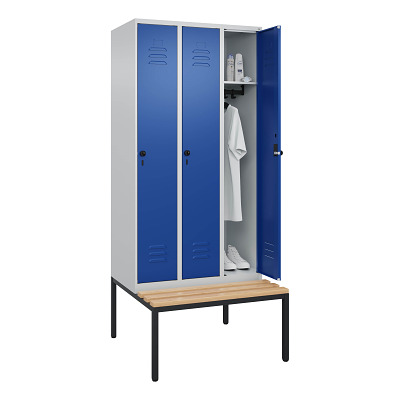 Thumbnail - C+P Garderobenschrank "Classic Plus", Abteilbreite 30 cm, mit Sitzbank, Enzianblau (RAL 5010), 212x90x50 cm/ 3 Fächer