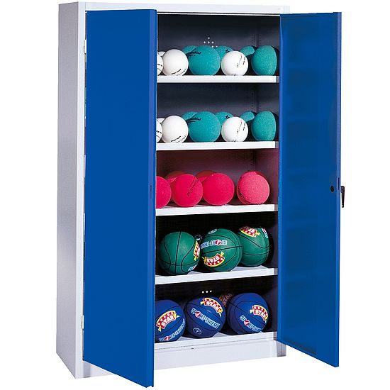 Ballschrank, HxBxT 195x150x50 cm, mit Vollblech-Flügeltüren (Typ 3) Enzianblau (RAL 5010), Lichtgrau (RAL 7035)