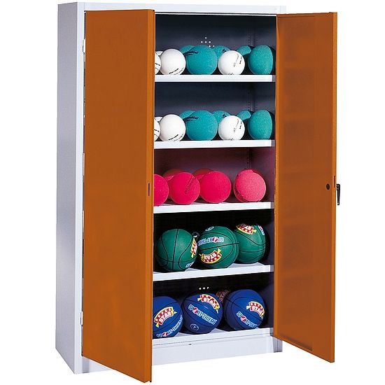 Ballschrank, HxBxT 195x150x50 cm, mit Vollblech-Flügeltüren (Typ 3) Sienarot (RDS 050 40 50), Lichtgrau (RAL 7035)