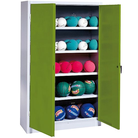 Ballschrank, HxBxT 195x150x50 cm, mit Vollblech-Flügeltüren (Typ 3) Viridingrün (RDS 110 80 60), Lichtgrau (RAL 7035)