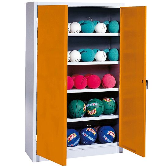 Ballschrank, HxBxT 195x150x50 cm, mit Vollblech-Flügeltüren (Typ 3) Gelborange (RAL 2000), Lichtgrau (RAL 7035)