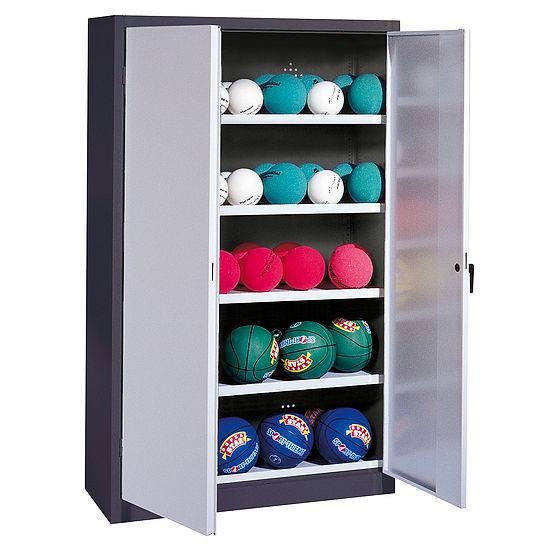 Ballschrank, HxBxT 195x150x50 cm, mit Vollblech-Flügeltüren (Typ 3) Lichtgrau (RAL 7035), Anthrazit (RAL 7021)