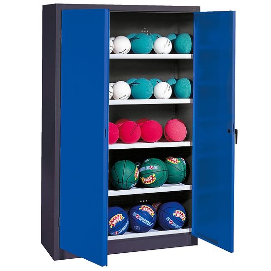 Ballschrank, HxBxT 195x150x50 cm, mit Vollblech-Flügeltüren (Typ 3) Enzianblau (RAL 5010), Anthrazit (RAL 7021)
