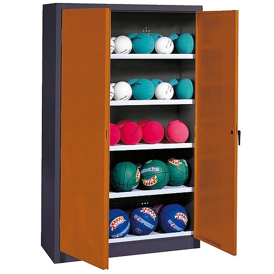 Ballschrank, HxBxT 195x150x50 cm, mit Vollblech-Flügeltüren (Typ 3) Sienarot (RDS 050 40 50), Anthrazit (RAL 7021)