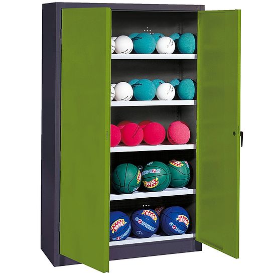 Ballschrank, HxBxT 195x150x50 cm, mit Vollblech-Flügeltüren (Typ 3) Viridingrün (RDS 110 80 60), Anthrazit (RAL 7021)